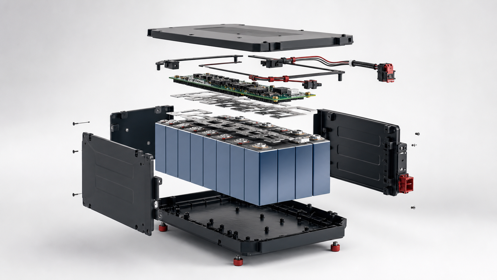 Aufgeschlitzter kundenspezifischer Akku mit Zellen, BMS-Platine, Kabelbaum und Gehäuse